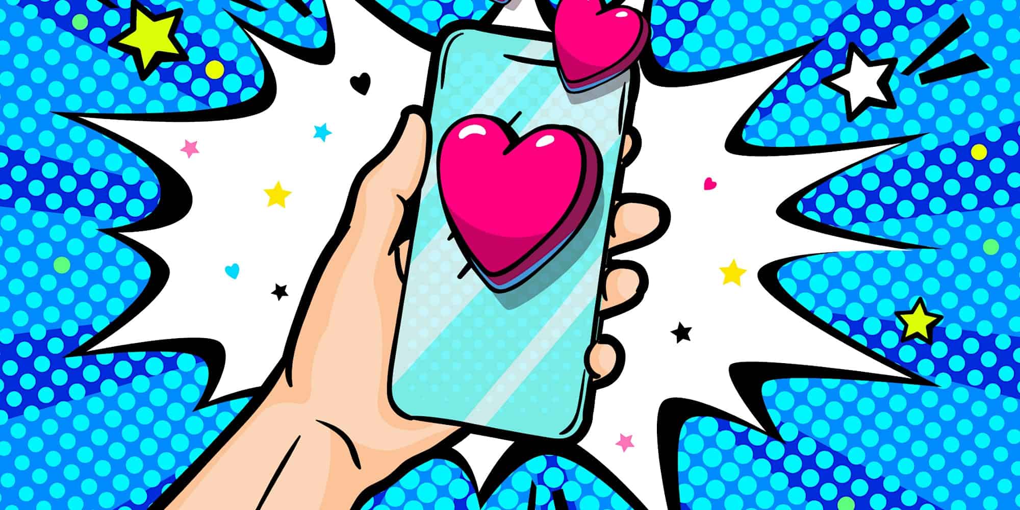 A comic-style illustration features a hand holding a smartphone with a large, vibrant pink heart displayed on the screen. The background has a dynamic blue dotted pattern with various small stars scattered around, creating an energetic and lively atmosphere.