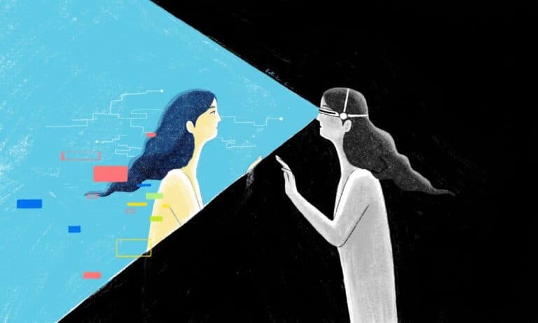 Cartoon artwork of woman looking at projected image of herself via virtual headset