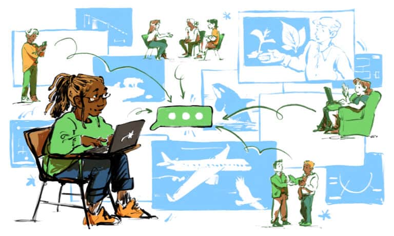 Illustration of a person working on a laptop, surrounded by various scenes representing different forms of communication and learning, such as one-on-one conversations, presentations, and online interactions. Background includes images of travel, growth, and digital connectivity.