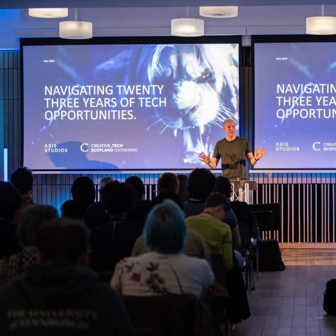 Speaker presenting to a crowd in Creative Tech Scotland Gathering 2023