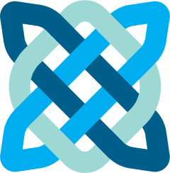 A blue and teal Celtic knot design with interwoven strands forming an intricate, symmetrical pattern. The design features a combination of dark blue, light blue, and teal colors, creating a visually appealing, geometric motif. The background is solid light blue.