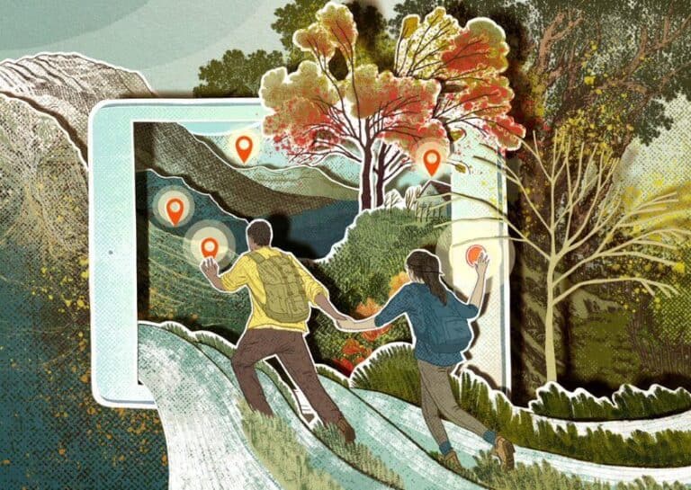 illsutration of two people holding lanterns exploring landscape