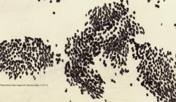A laptopogram displaying a dataset as cloud-like clusters of black blobs on a neutral background. There are three larger collections, almost resembling a map, with some data points leaking out into the negative space.