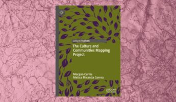 The image shows a book titled "The Culture and Communities Mapping Project" by Morgan Currie and Melisa Miranda Correa. The cover is olive green with dark purple leaf-like designs. The background features a pink-toned, intricate map pattern.