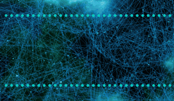 A complex network of interconnected blue lines resembling a neural network extends across a dark background. Two parallel rows of blue dots run horizontally near the top and bottom edges of the image, creating a frame-like effect.