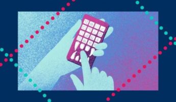 Illustration of two hands holding a rectangular device resembling a smartphone. One hand supports the device, while the other hand's index finger is tapping on the screen. The background features diagonal lines with alternating pink and teal dots.