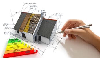 model of a house with energy efficiency rating markers