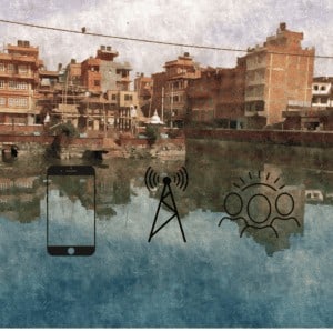 Image depicts a scenic cityscape with brown buildings reflected in a body of water. Overlaid icons include a smartphone, a cellular tower, and a group of people with a sun. These suggest themes of technology, communication, and community.