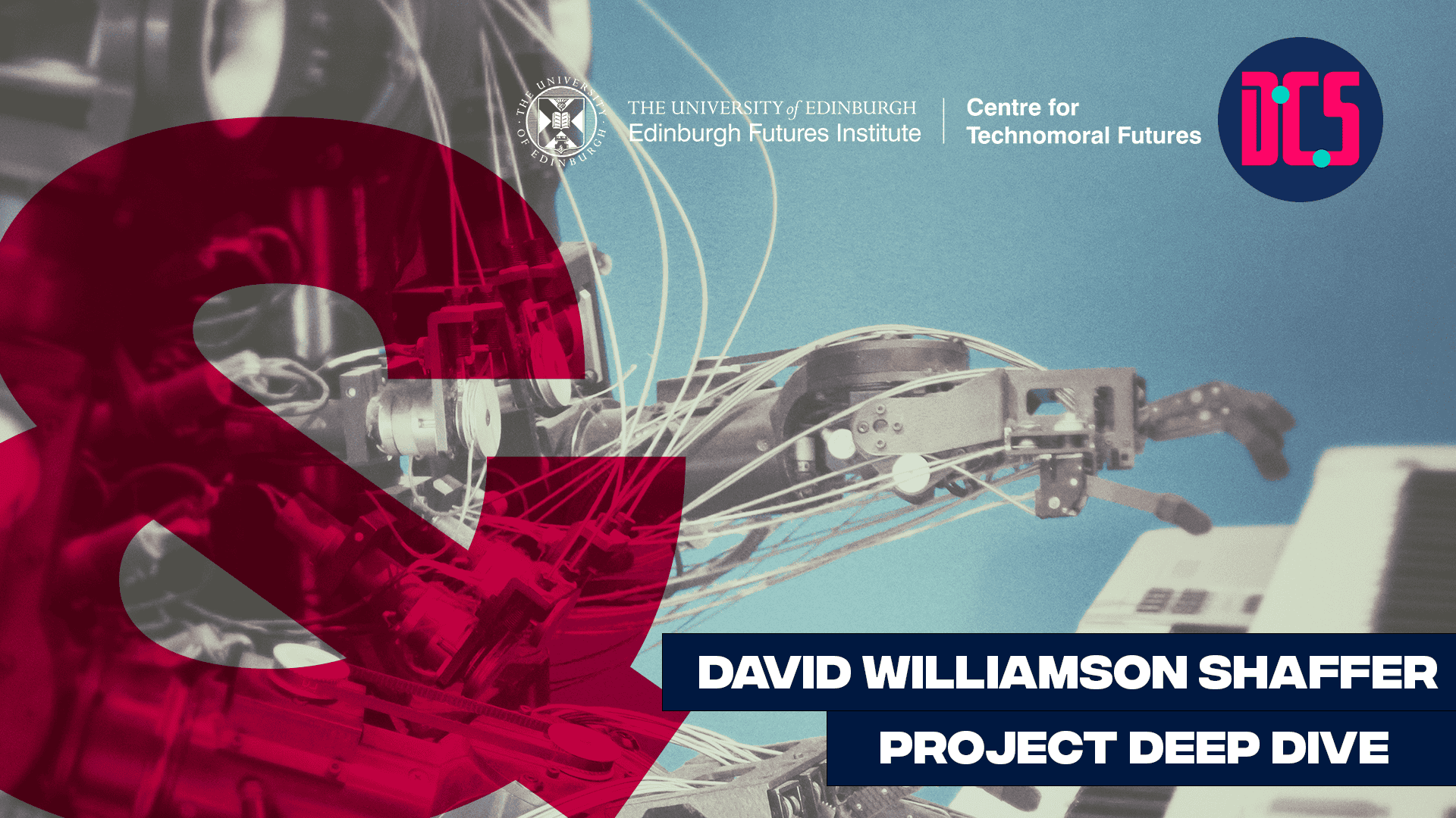 Grey mechanical robot arm on blue background with event text overlayed