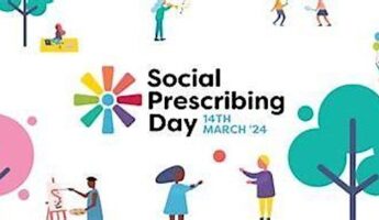 Illustration with diverse individuals engaging in various activities such as planting trees, playing with balls, and dancing. Text reads "Social Prescribing Day, 14th March '24" with a colorful wheel logo next to it.