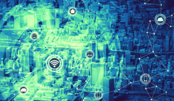 Duo Tone Graphic Of Smart City And Wireless Communication Network Aerial vew of city landscape with digital icons overlaying the graphic