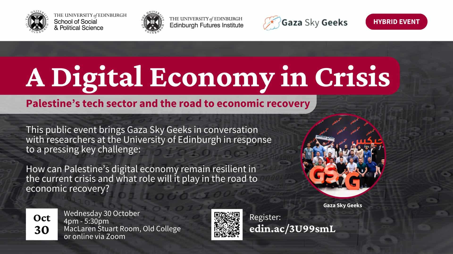 Promotional flyer for an event titled "A Digital Economy in Crisis," featuring a discussion with Gaza Sky Geeks. Includes date, time, location, registration link, and an image of a group of people with the Gaza Sky Geeks logo.