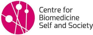 Logo of the Centre for Biomedicine, Self and Society. It features a pink circle with abstract white lines and dots on the left, and the center's name written in black text on the right.