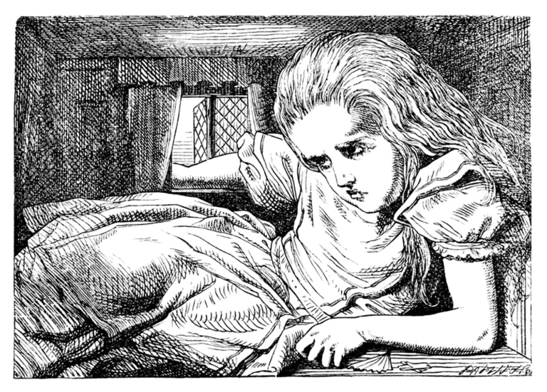 Illustration of a young girl with long hair, wearing a dress, crouched inside a small room, looking concerned. She fills most of the space, suggesting she is too large for it. A window with crisscross panes is visible in the background.
