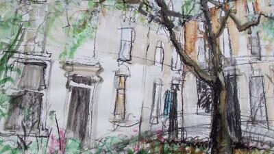 A sketch of a serene courtyard surrounded by buildings. The scene features a large tree in the center, lush greenery, and windows with a vintage look on the buildings. The colors are soft with hints of green, brown, and orange.