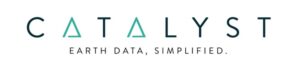 Logo with the word "CATALYST" in black letters, replacing the "A" with a turquoise triangle. Below, the tagline reads "EARTH DATA, SIMPLIFIED." in black uppercase letters.