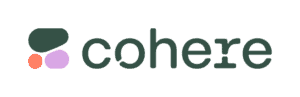 Logo of Cohere featuring a stylized abstract shape with a dark green form, a small orange circle, and a light purple circle on the left. The word "cohere" is written in lowercase letters in dark green on the right.
