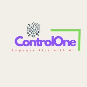Logo with a network design above the text "ControlOne" in purple. Below, "Empower Risk with AI" is written in red. A green bracket frames part of the logo on the right side.