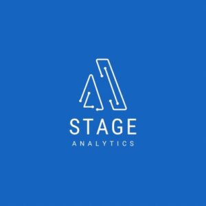Logo on a blue background featuring the company name "Stage Analytics" in white text. Above the text are two stylized, interconnected triangular shapes with circuit-like lines, suggesting technology and data.