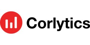 Logo of Corlytics with two vertical white bars of varying height inside a solid red circle, resembling a chart. The name "Corlytics" is written in bold, black text to the right of the circle.