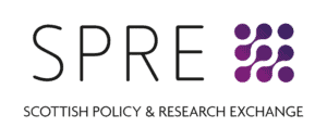 Logo of the Scottish Policy & Research Exchange. The acronym "SPRE" is in large, black letters on the left, followed by a pattern of purple and pink abstract dots. The full name is written below in smaller black text.