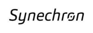 The image shows the logo of Synechron, featuring the word "Synechron" in a sleek, modern font. The letter "o" has a stylized design with two curved lines inside it. The text is in black on a white background.