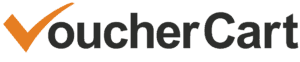 The image shows the VoucherCart logo. It features the word "VoucherCart" in black text, with an orange check mark integrated into the letter "V." The background is white.