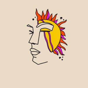 Abstract line art of a face blending with the sun. The sun forms the back of the head with orange and purple rays, while black lines sketch the facial features on a beige background. Small black stars surround the image.